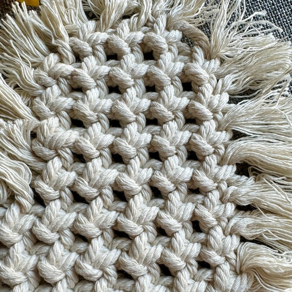 New Large 7” Handmade Woven Macrame Cream Color Heart Coasters Set of 2 - Picture 5 of 6